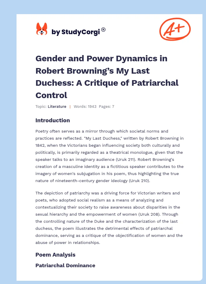 Gender and Power Dynamics in Robert Browning’s My Last Duchess: A Critique of Patriarchal Control. Page 1