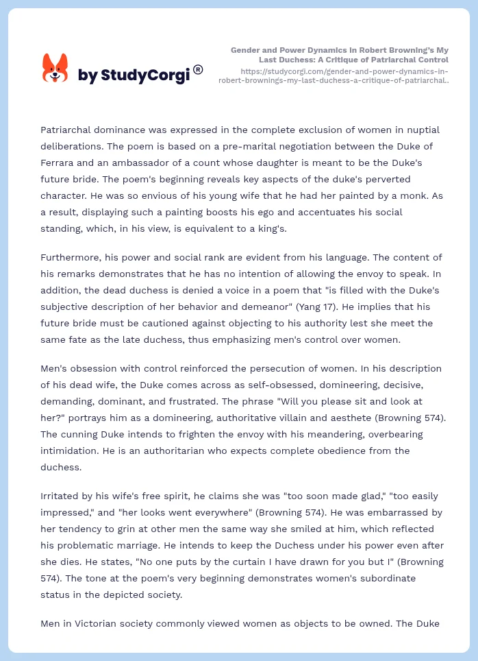 Gender and Power Dynamics in Robert Browning’s My Last Duchess: A Critique of Patriarchal Control. Page 2