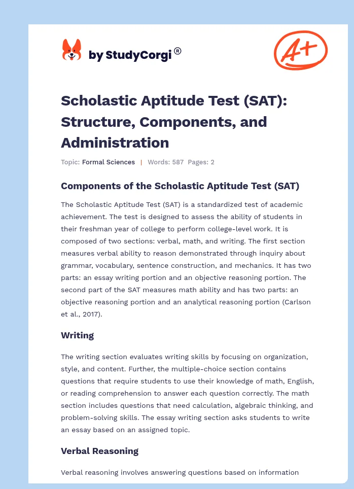 Scholastic Aptitude Test (SAT): Structure, Components, and Administration. Page 1