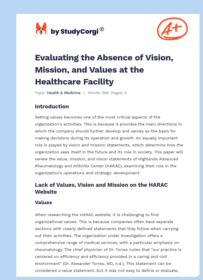 Evaluating the Absence of Vision, Mission, and Values at the Healthcare Facility. Page 1