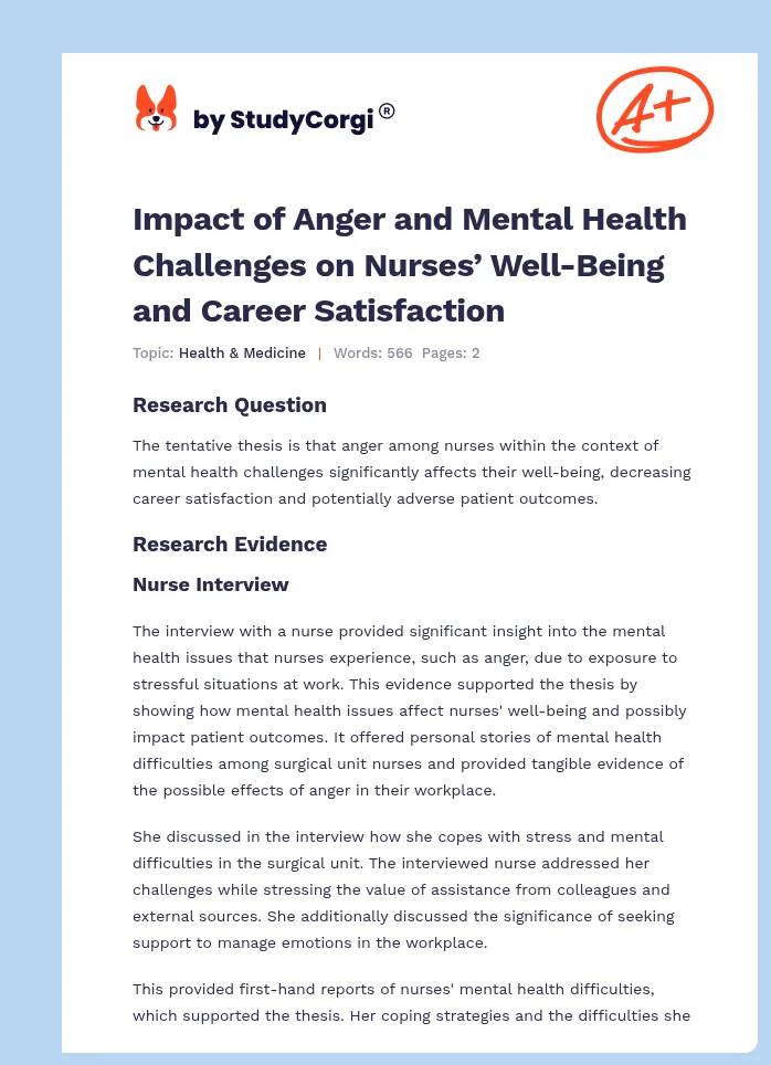 Impact of Anger and Mental Health Challenges on Nurses’ Well-Being and Career Satisfaction. Page 1