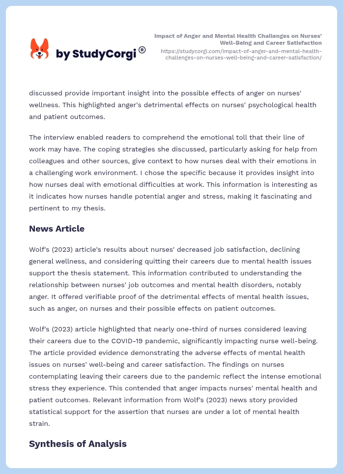 Impact of Anger and Mental Health Challenges on Nurses’ Well-Being and Career Satisfaction. Page 2