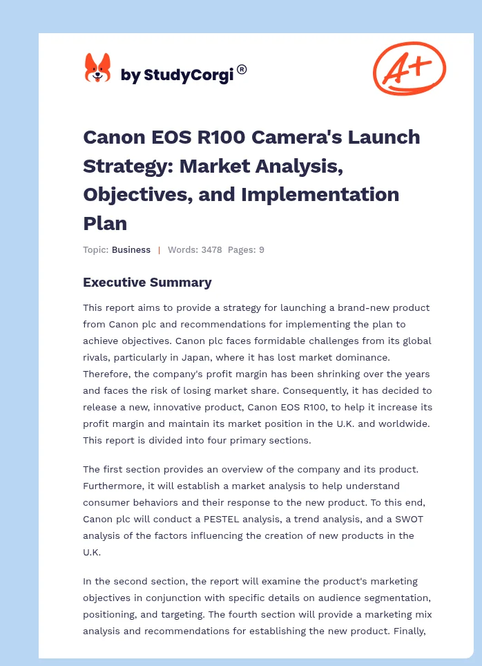 Canon EOS R100 Camera's Launch Strategy: Market Analysis, Objectives, and Implementation Plan. Page 1