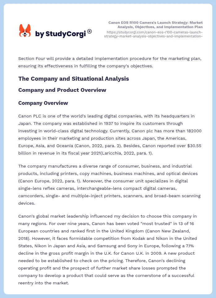 Canon EOS R100 Camera's Launch Strategy: Market Analysis, Objectives, and Implementation Plan. Page 2