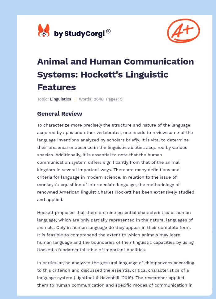 Animal and Human Communication Systems: Hockett's Linguistic Features. Page 1
