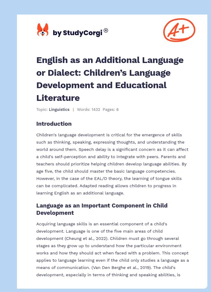 English as an Additional Language or Dialect: Children’s Language Development and Educational Literature. Page 1