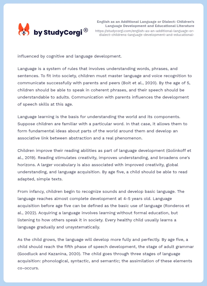 English as an Additional Language or Dialect: Children’s Language Development and Educational Literature. Page 2