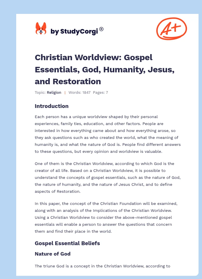 Christian Worldview: Gospel Essentials, God, Humanity, Jesus, and Restoration. Page 1