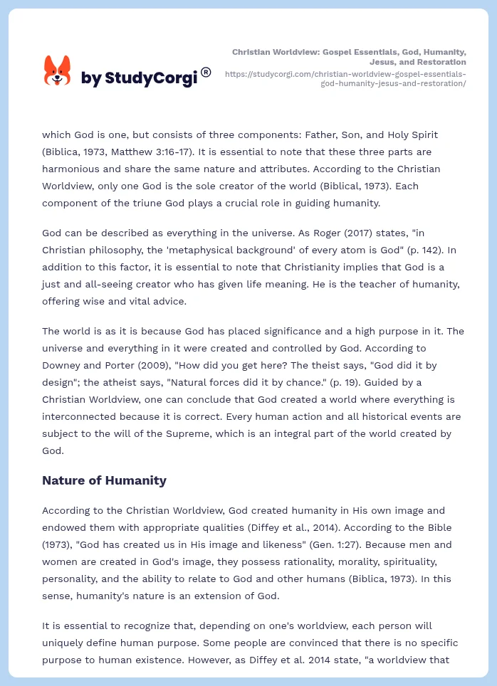 Christian Worldview: Gospel Essentials, God, Humanity, Jesus, and Restoration. Page 2