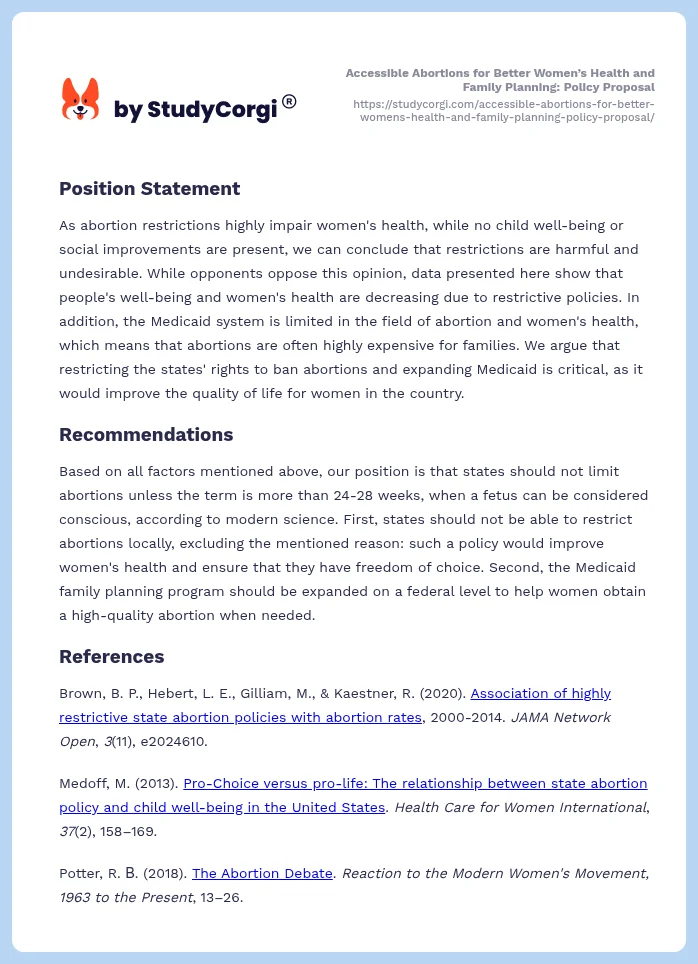 Accessible Abortions for Better Women’s Health and Family Planning: Policy Proposal. Page 2