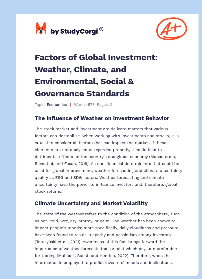 Factors of Global Investment: Weather, Climate, and Environmental, Social & Governance Standards. Page 1