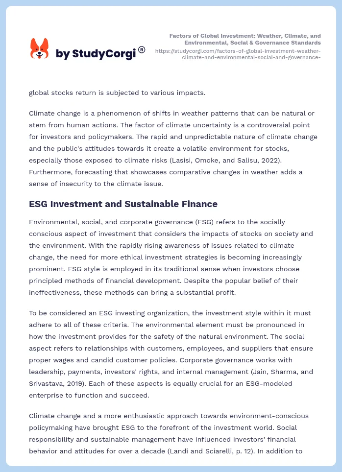 Factors of Global Investment: Weather, Climate, and Environmental, Social & Governance Standards. Page 2