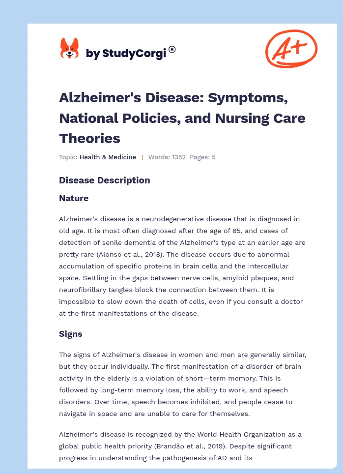 Alzheimer's Disease: Symptoms, National Policies, and Nursing Care Theories. Page 1