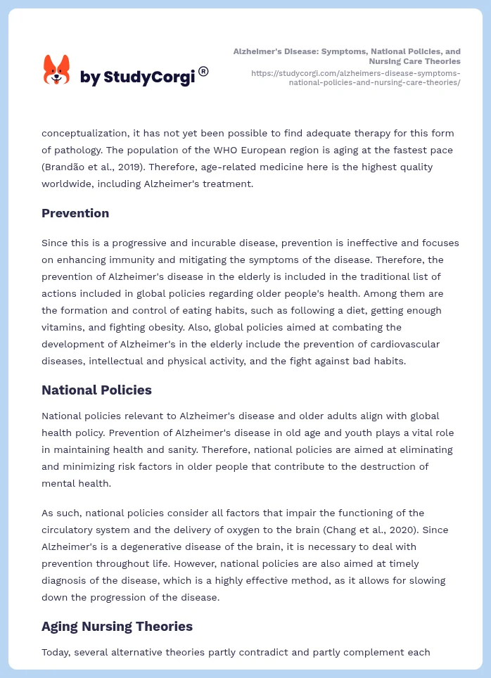 Alzheimer's Disease: Symptoms, National Policies, and Nursing Care Theories. Page 2