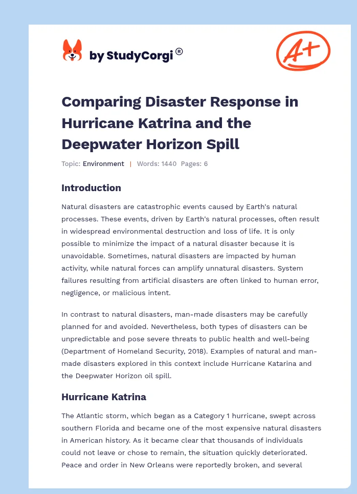 Comparing Disaster Response in Hurricane Katrina and the Deepwater Horizon Spill. Page 1