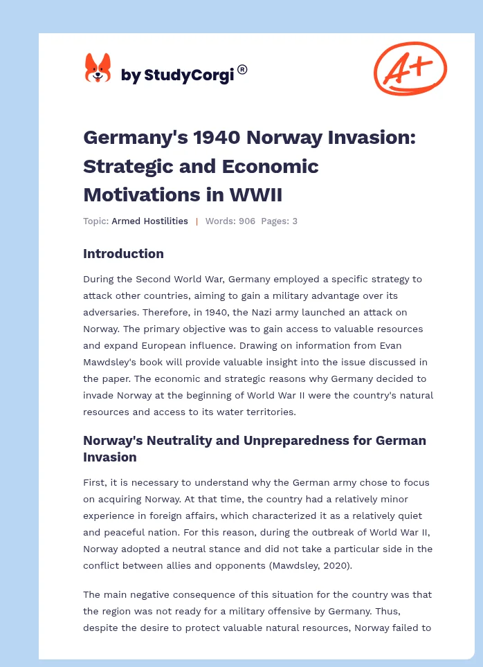 Germany's 1940 Norway Invasion: Strategic and Economic Motivations in WWII. Page 1