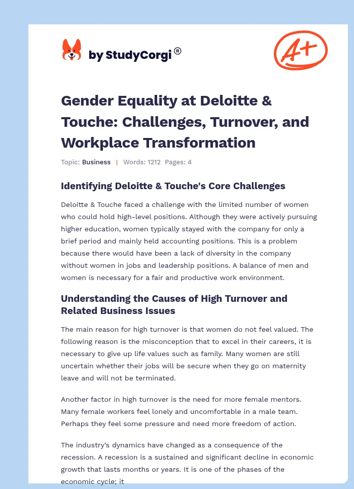 Gender Equality at Deloitte & Touche: Challenges, Turnover, and Workplace Transformation. Page 1