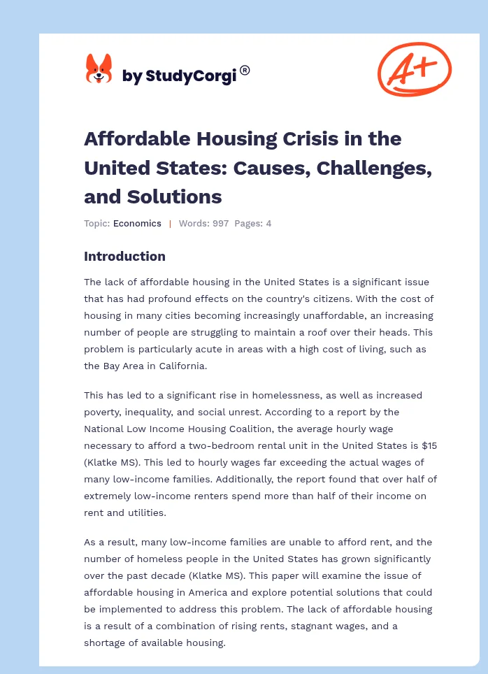 Affordable Housing Crisis in the United States: Causes, Challenges, and Solutions. Page 1