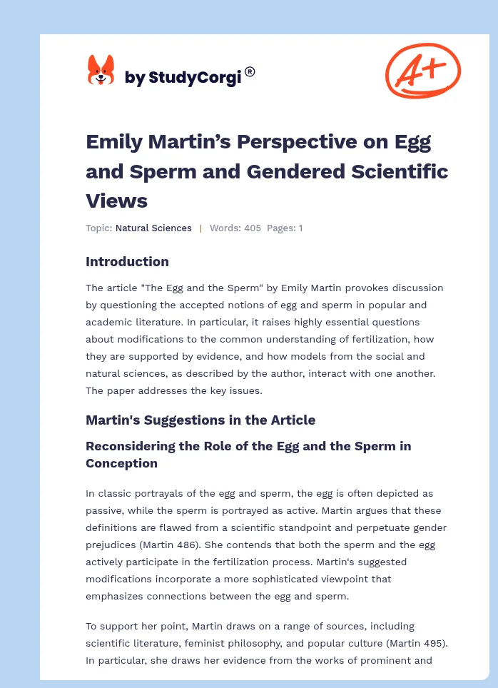 Emily Martin’s Perspective on Egg and Sperm and Gendered Scientific Views. Page 1