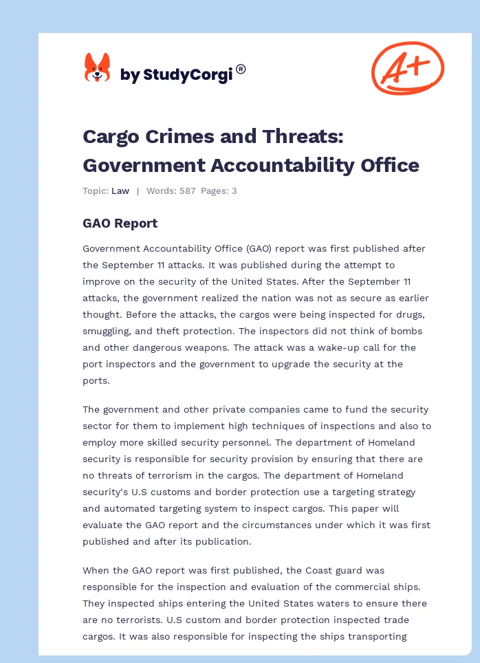 Cargo Crimes and Threats: Government Accountability Office. Page 1