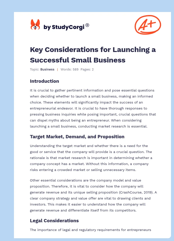 Key Considerations for Launching a Successful Small Business. Page 1