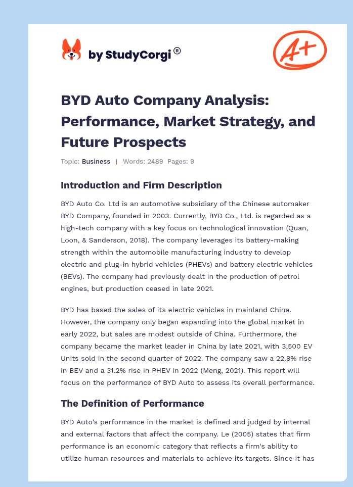 BYD Auto Company Analysis: Performance, Market Strategy, and Future Prospects. Page 1