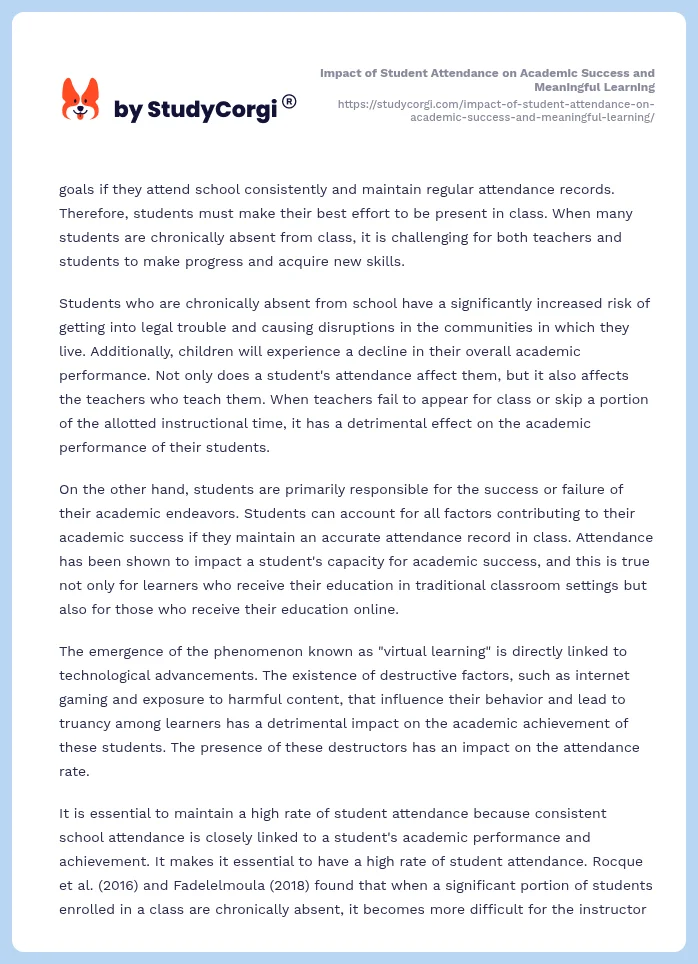 Impact of Student Attendance on Academic Success and Meaningful Learning. Page 2