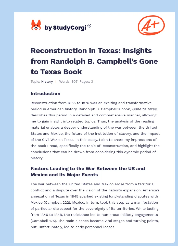 Reconstruction in Texas: Insights from Randolph B. Campbell's Gone to Texas Book. Page 1