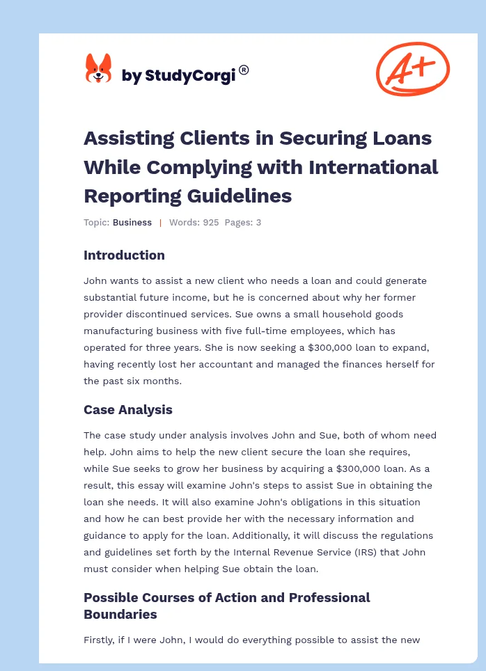 Assisting Clients in Securing Loans While Complying with International Reporting Guidelines. Page 1