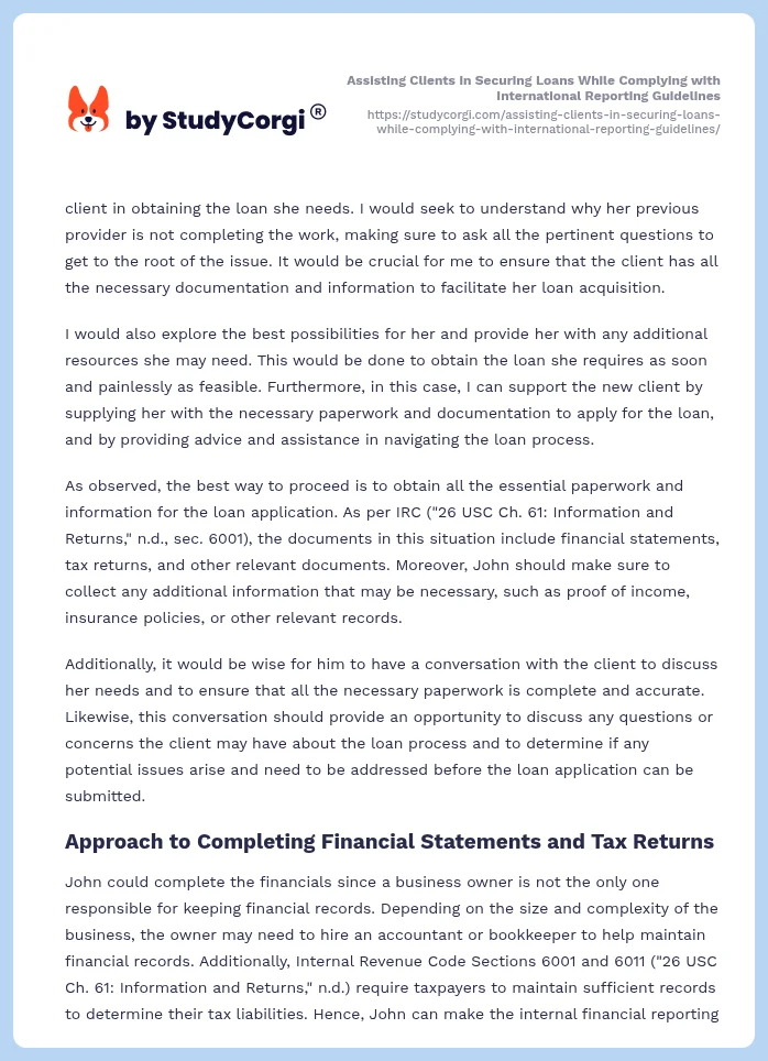 Assisting Clients in Securing Loans While Complying with International Reporting Guidelines. Page 2