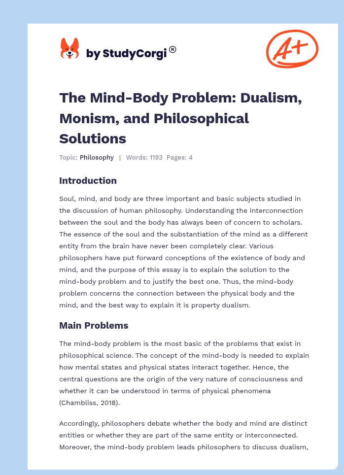 The Mind-Body Problem: Dualism, Monism, and Philosophical Solutions. Page 1