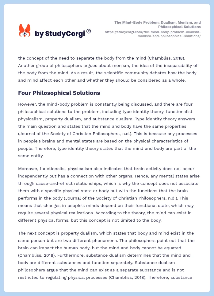 The Mind-Body Problem: Dualism, Monism, and Philosophical Solutions. Page 2
