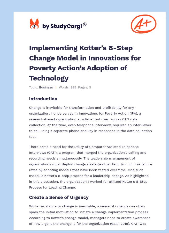 Implementing Kotter’s 8-Step Change Model in Innovations for Poverty Action’s Adoption of Technology. Page 1