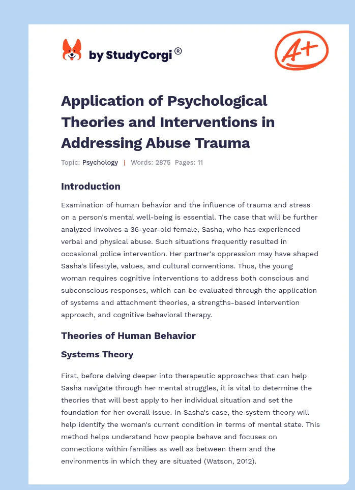 Application of Psychological Theories and Interventions in Addressing Abuse Trauma. Page 1