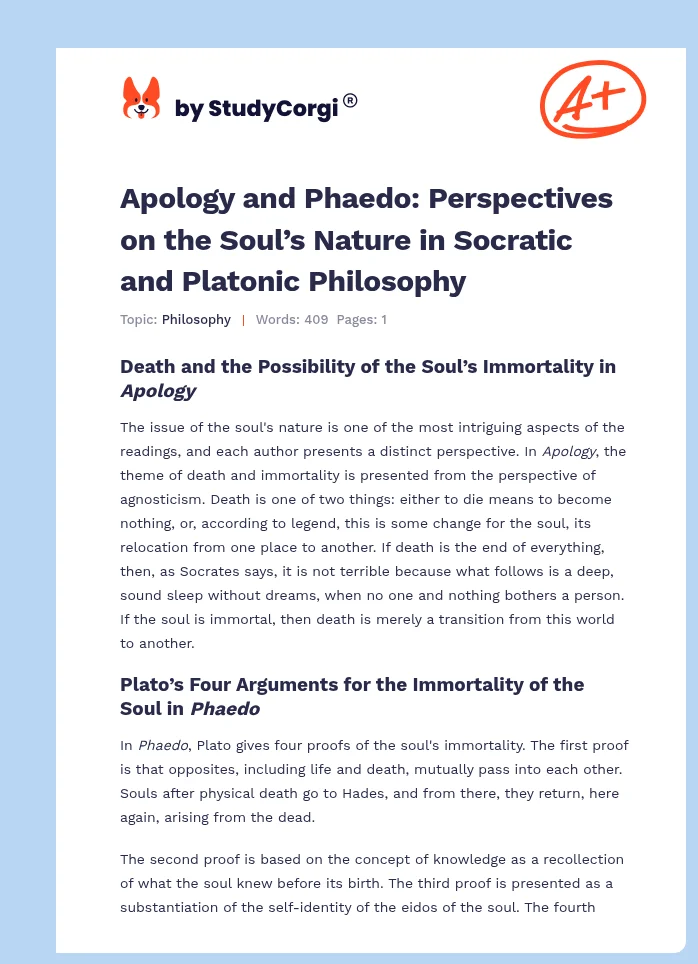Apology and Phaedo: Perspectives on the Soul’s Nature in Socratic and Platonic Philosophy. Page 1