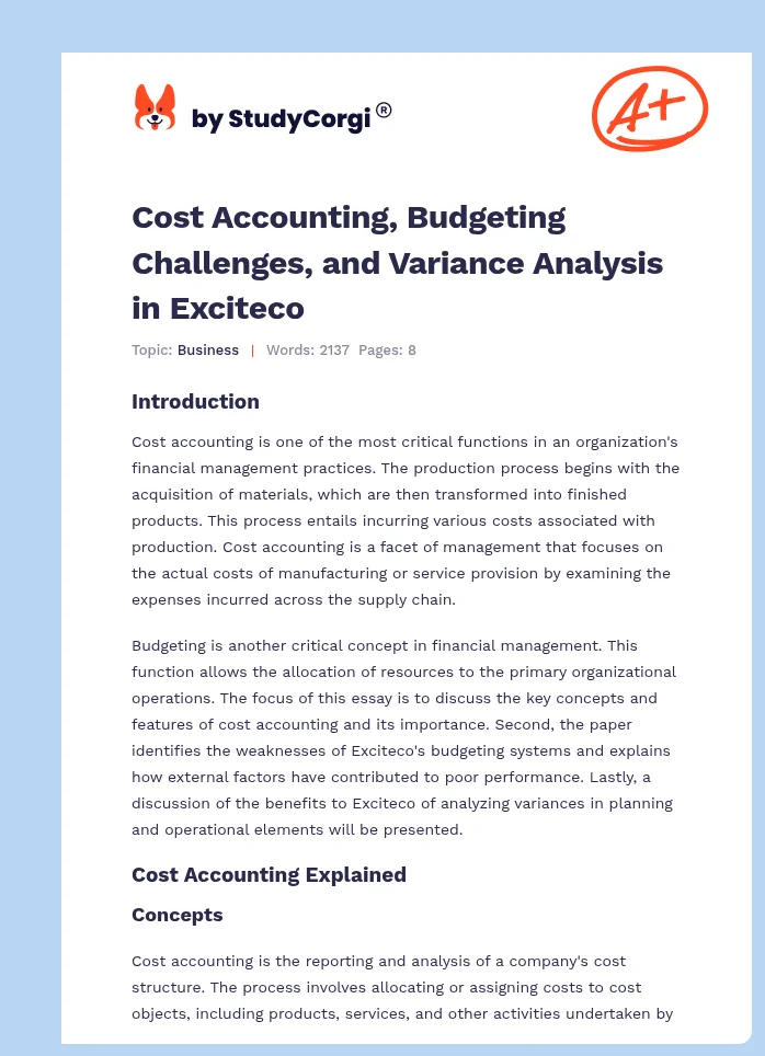 Cost Accounting, Budgeting Challenges, and Variance Analysis in Exciteco. Page 1