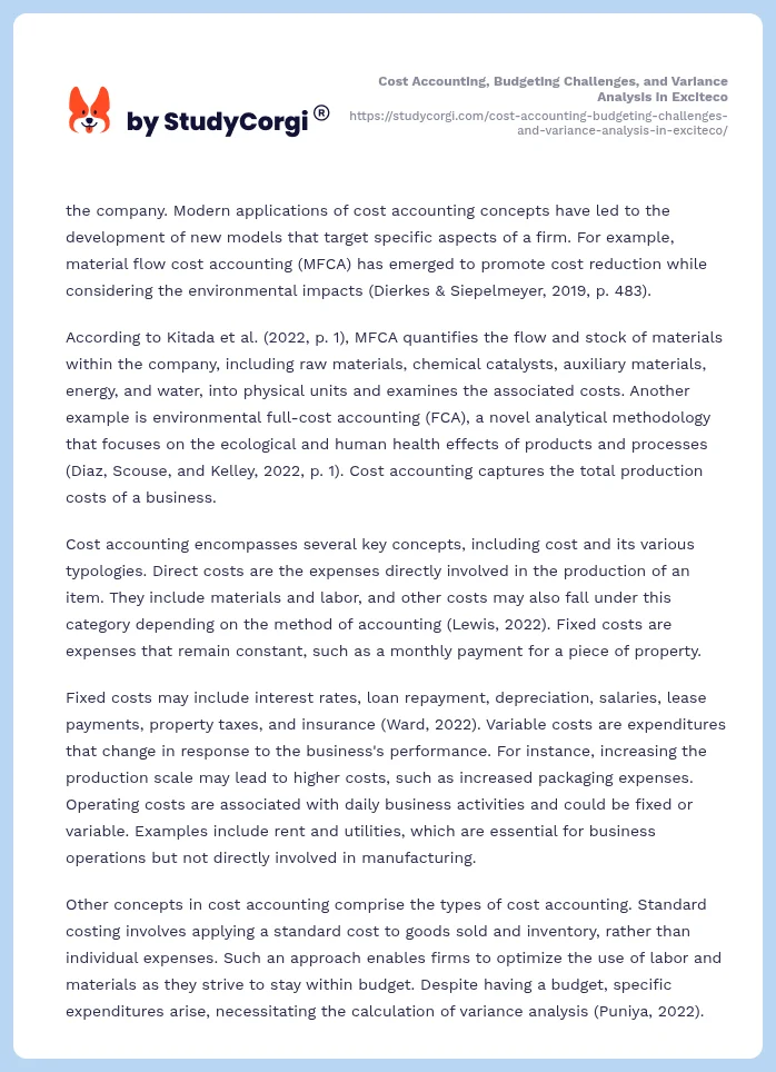 Cost Accounting, Budgeting Challenges, and Variance Analysis in Exciteco. Page 2