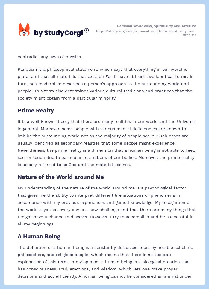 Personal Worldview, Spirituality and Afterlife. Page 2