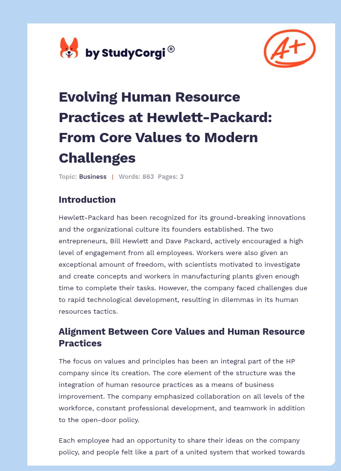 Evolving Human Resource Practices at Hewlett-Packard: From Core Values to Modern Challenges. Page 1