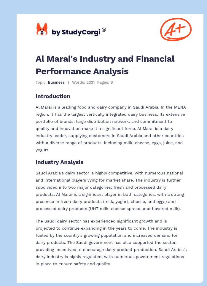 Al Marai's Industry and Financial Performance Analysis. Page 1