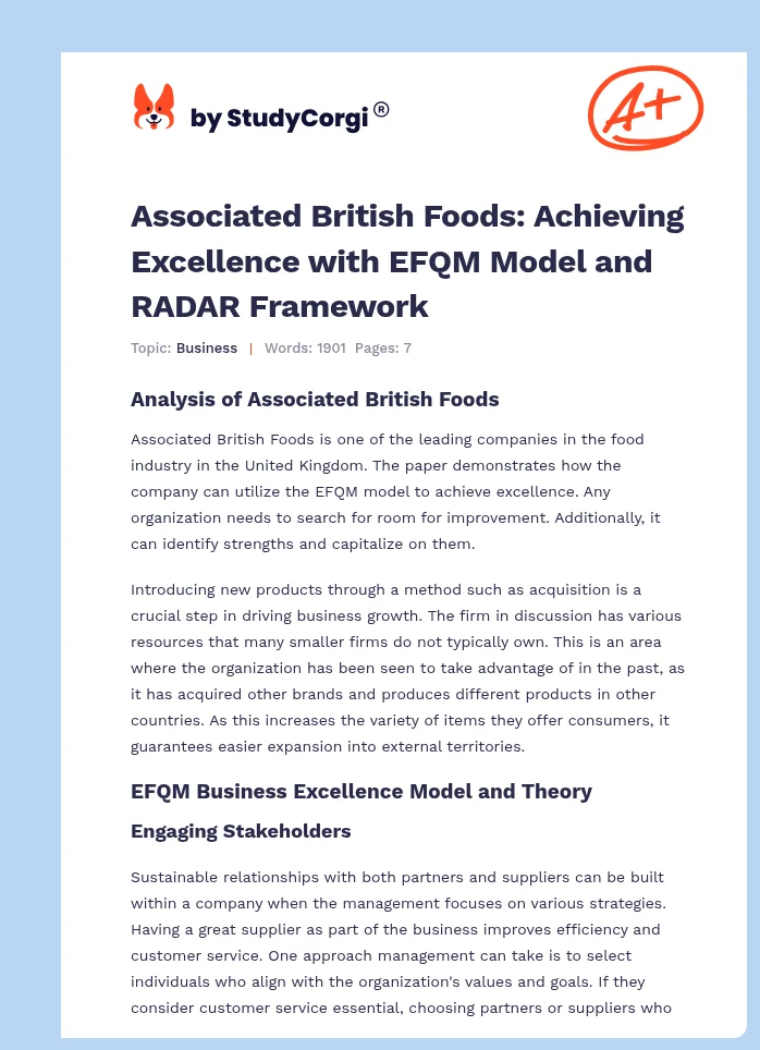 Associated British Foods: Achieving Excellence with EFQM Model and RADAR Framework. Page 1