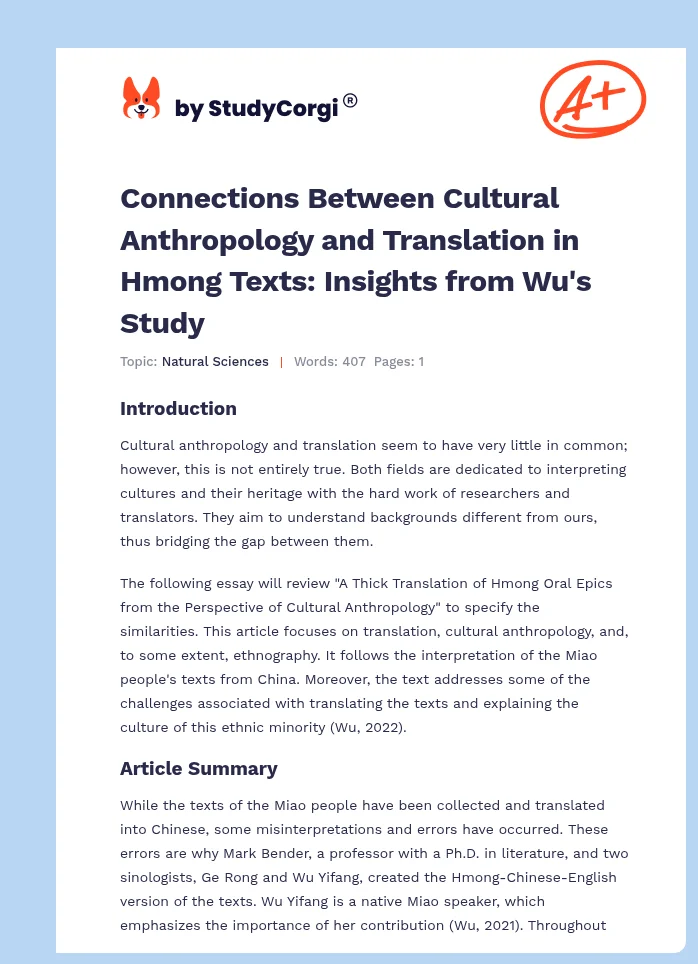 Connections Between Cultural Anthropology and Translation in Hmong Texts: Insights from Wu's Study. Page 1