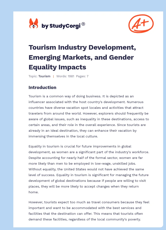 Tourism Industry Development, Emerging Markets, and Gender Equality Impacts. Page 1