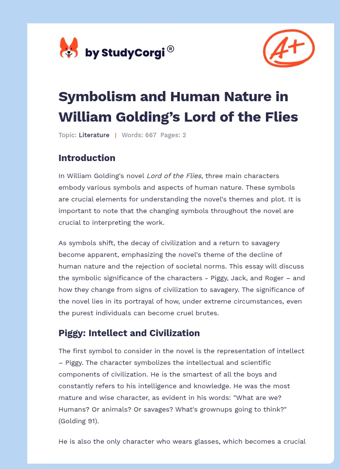 Symbolism and Human Nature in William Golding’s Lord of the Flies. Page 1