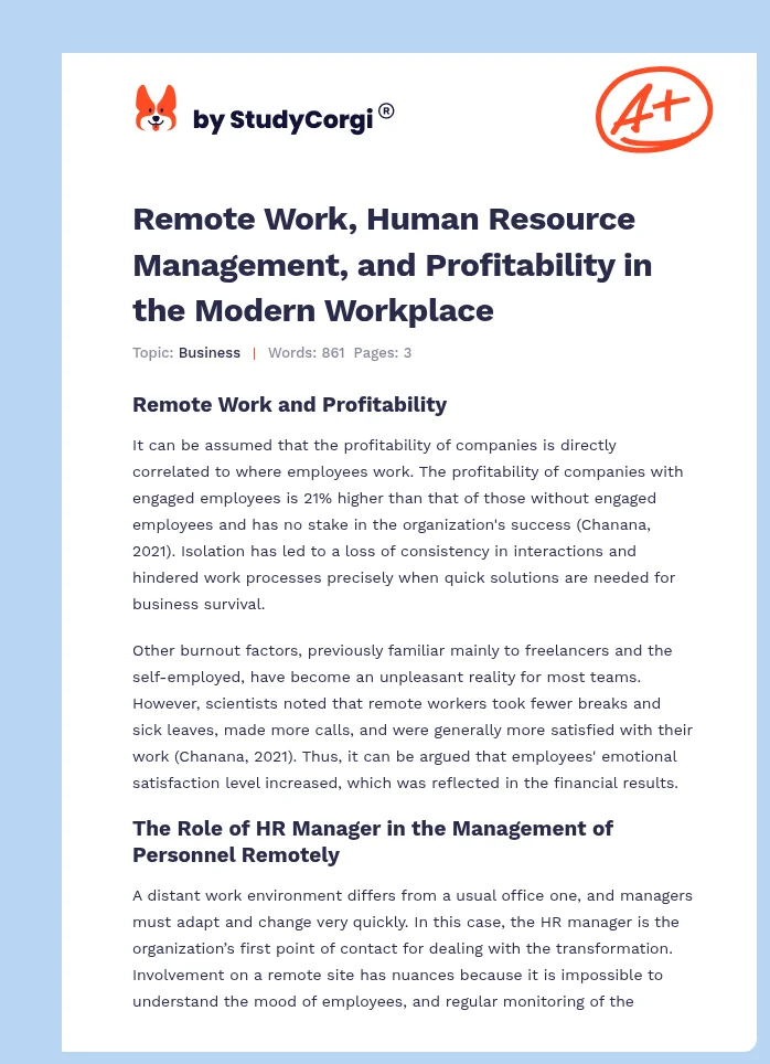 Remote Work, Human Resource Management, and Profitability in the Modern Workplace. Page 1
