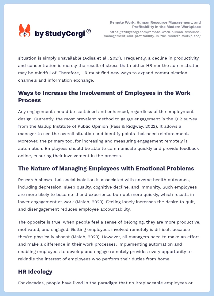 Remote Work, Human Resource Management, and Profitability in the Modern Workplace. Page 2