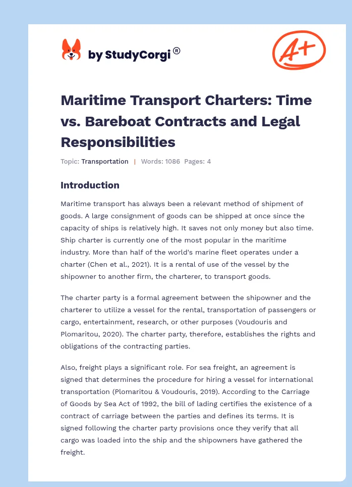 Maritime Transport Charters: Time vs. Bareboat Contracts and Legal Responsibilities. Page 1