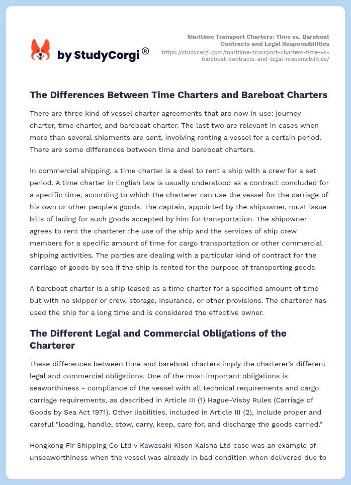 Maritime Transport Charters: Time vs. Bareboat Contracts and Legal Responsibilities. Page 2