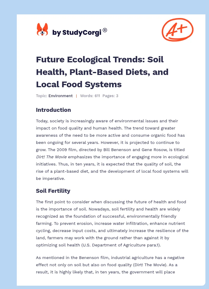Future Ecological Trends: Soil Health, Plant-Based Diets, and Local Food Systems. Page 1