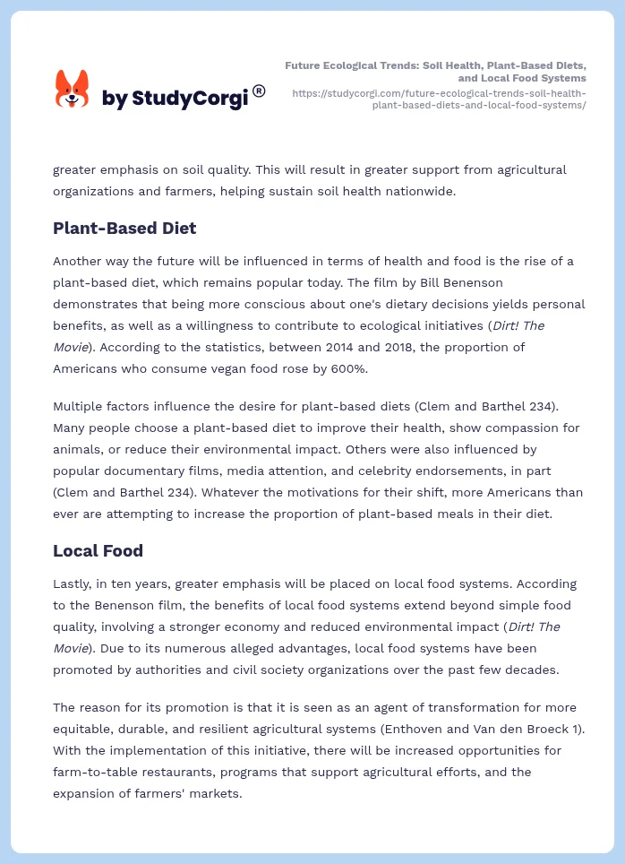 Future Ecological Trends: Soil Health, Plant-Based Diets, and Local Food Systems. Page 2